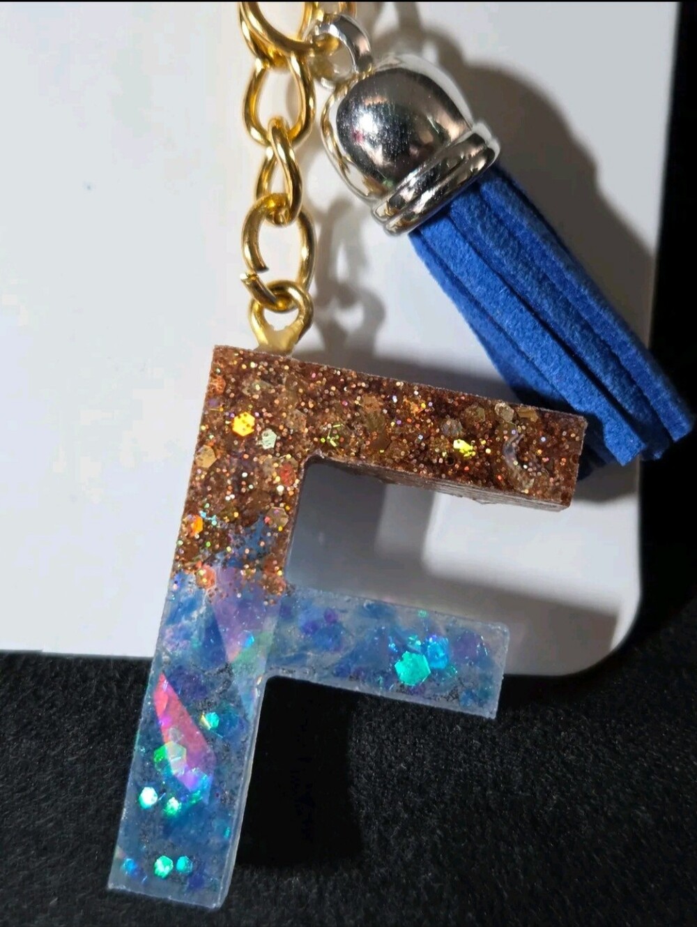 Blue and Gold Glitter 'F' Initial Resin Keychain with Tassel